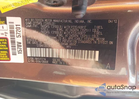 2012 Toyota Sienna Le V6 8 Passenger z USA, uszkodzony, nr VIN 5TDKK3DC9CS252274